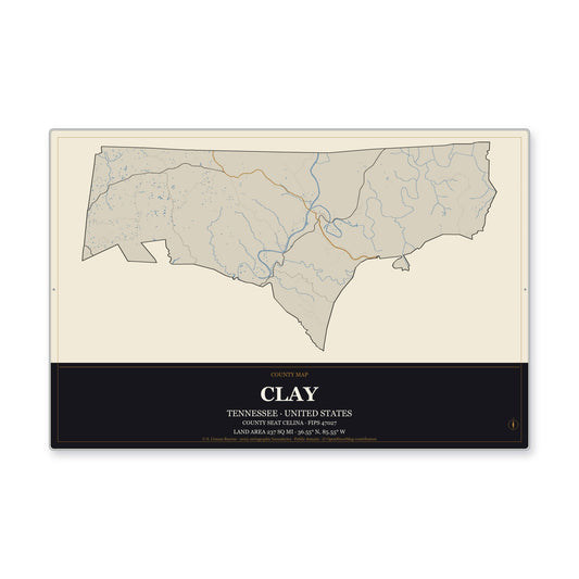 Clay County, Tennessee Map Aluminum Sign in Museum Plaque style