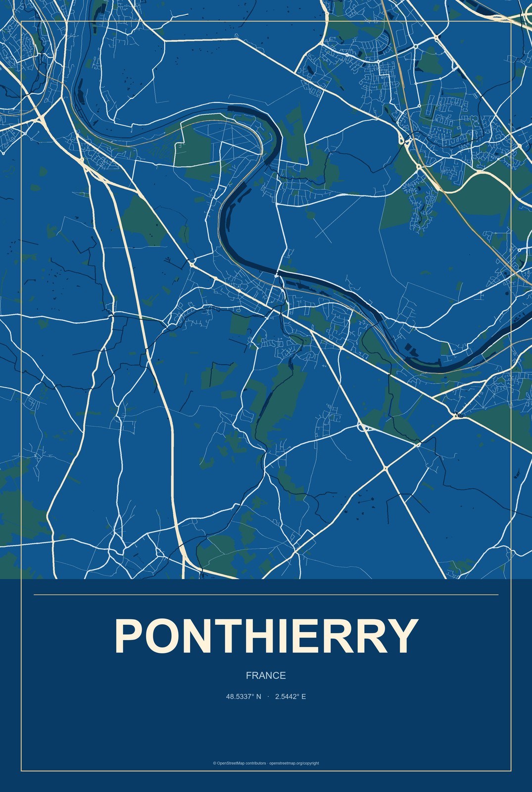Ponthierry, France City Map Aluminum Sign in Harbor Cobalt style