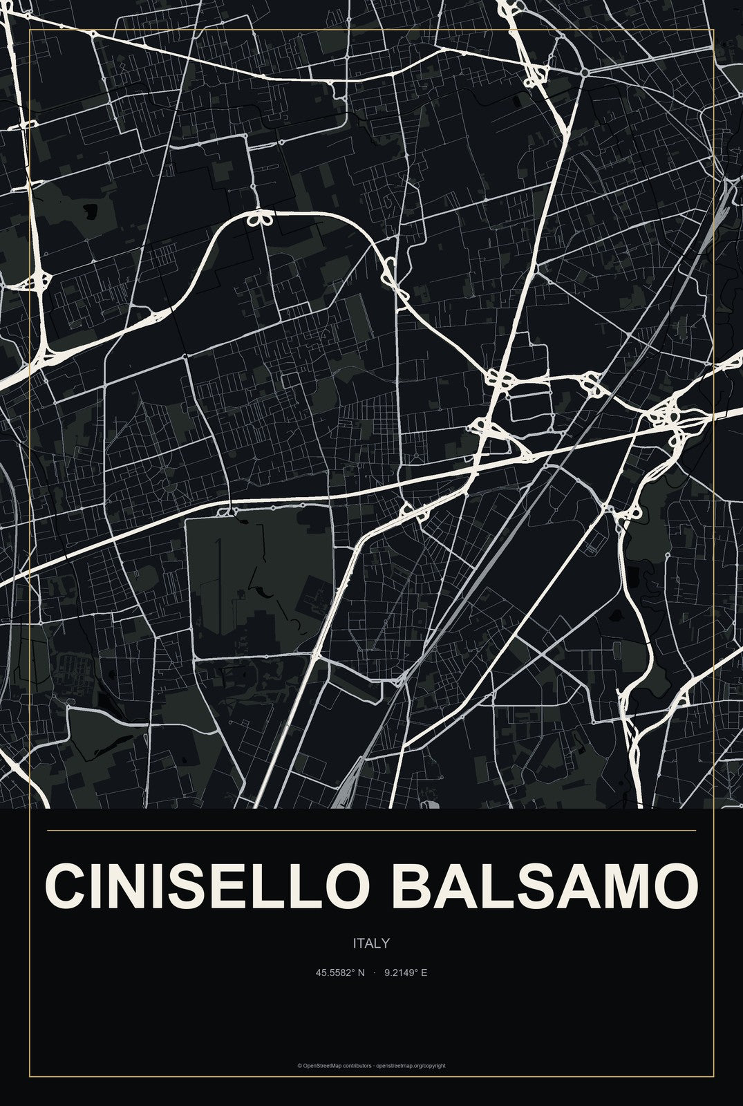 Cinisello Balsamo, Italy City Map Aluminum Sign in Metropolitan Noir style