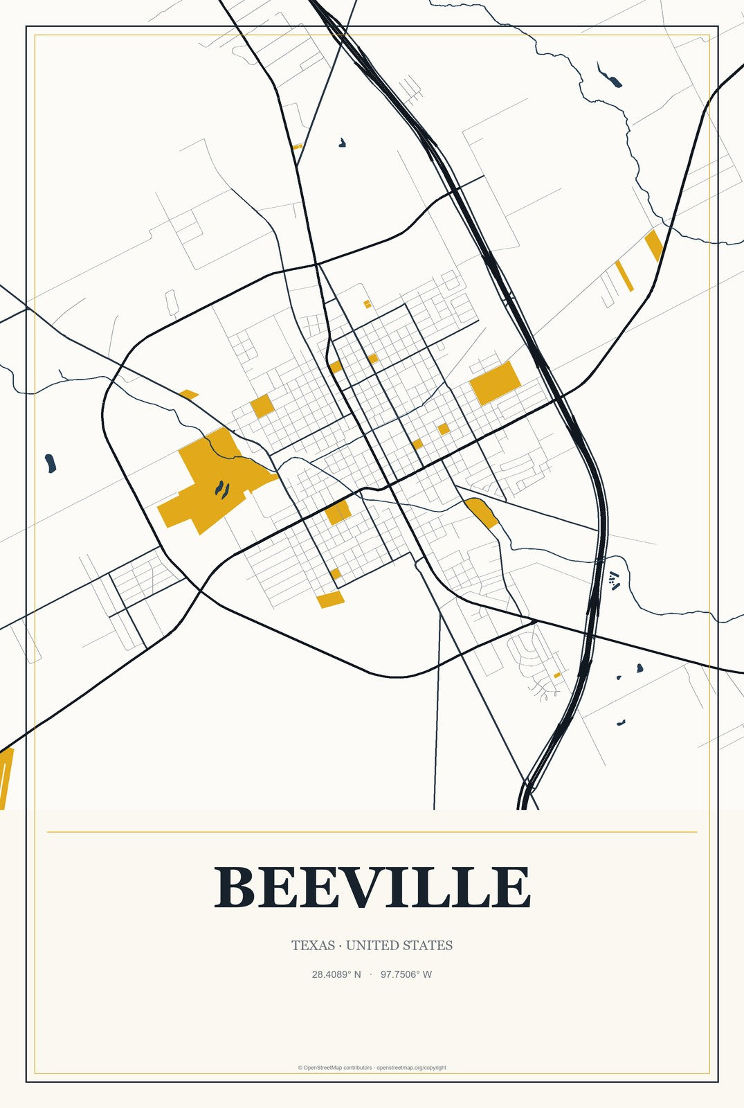 Beeville, Texas City Map Aluminum Sign in Citrine Modern style