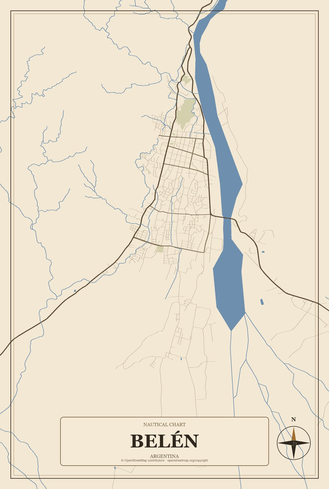 Belén, Argentina City Map Aluminum Sign in Heritage Nautical style