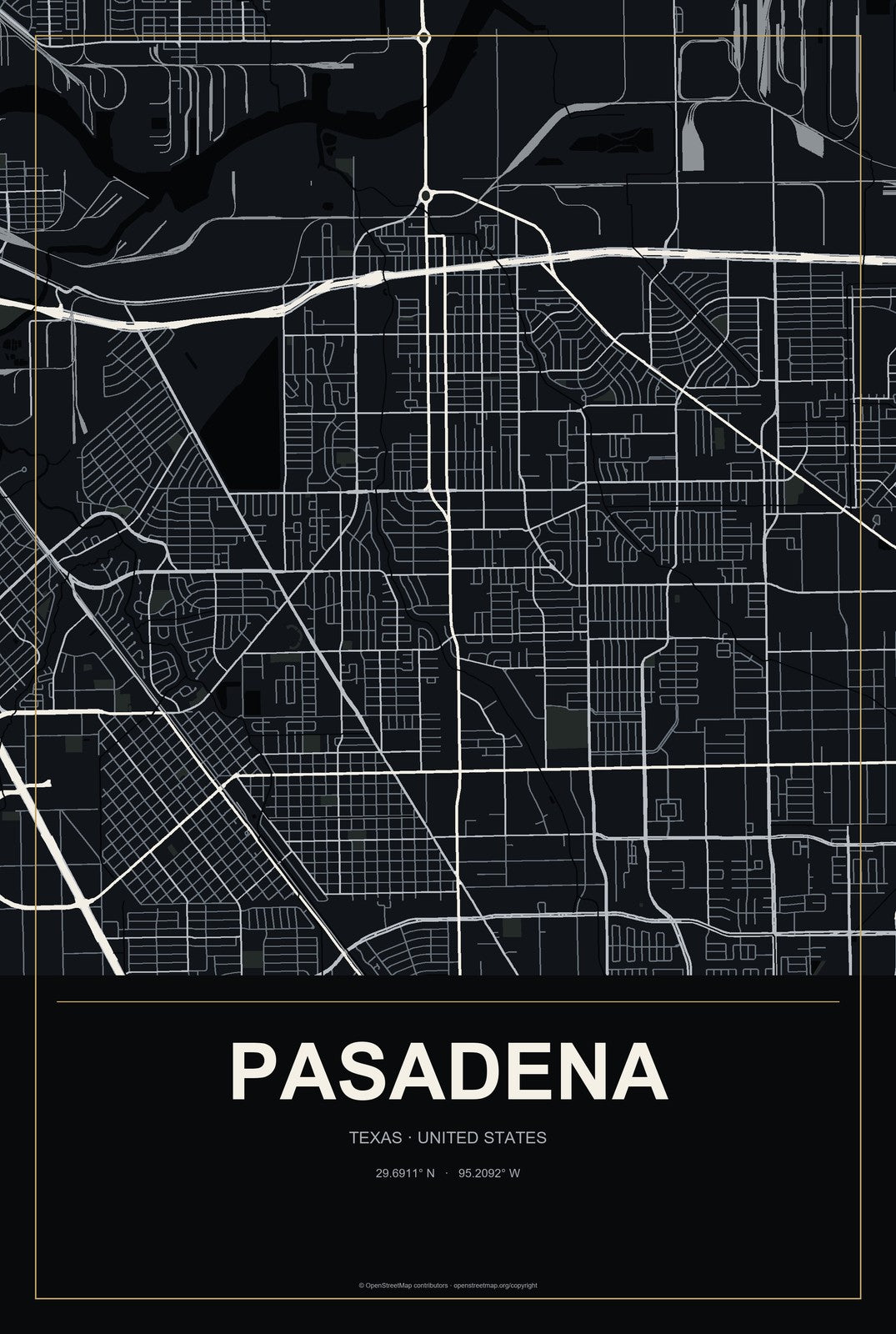 Pasadena, Texas City Map Aluminum Sign in Metropolitan Noir style