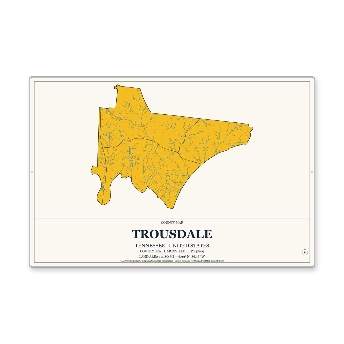 Trousdale County, Tennessee Map Aluminum Sign in Citrine Modern style