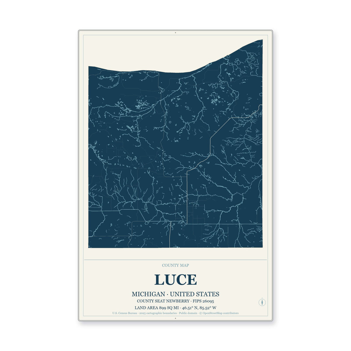 Luce County, Michigan Map Aluminum Sign in Coastal Cutout style