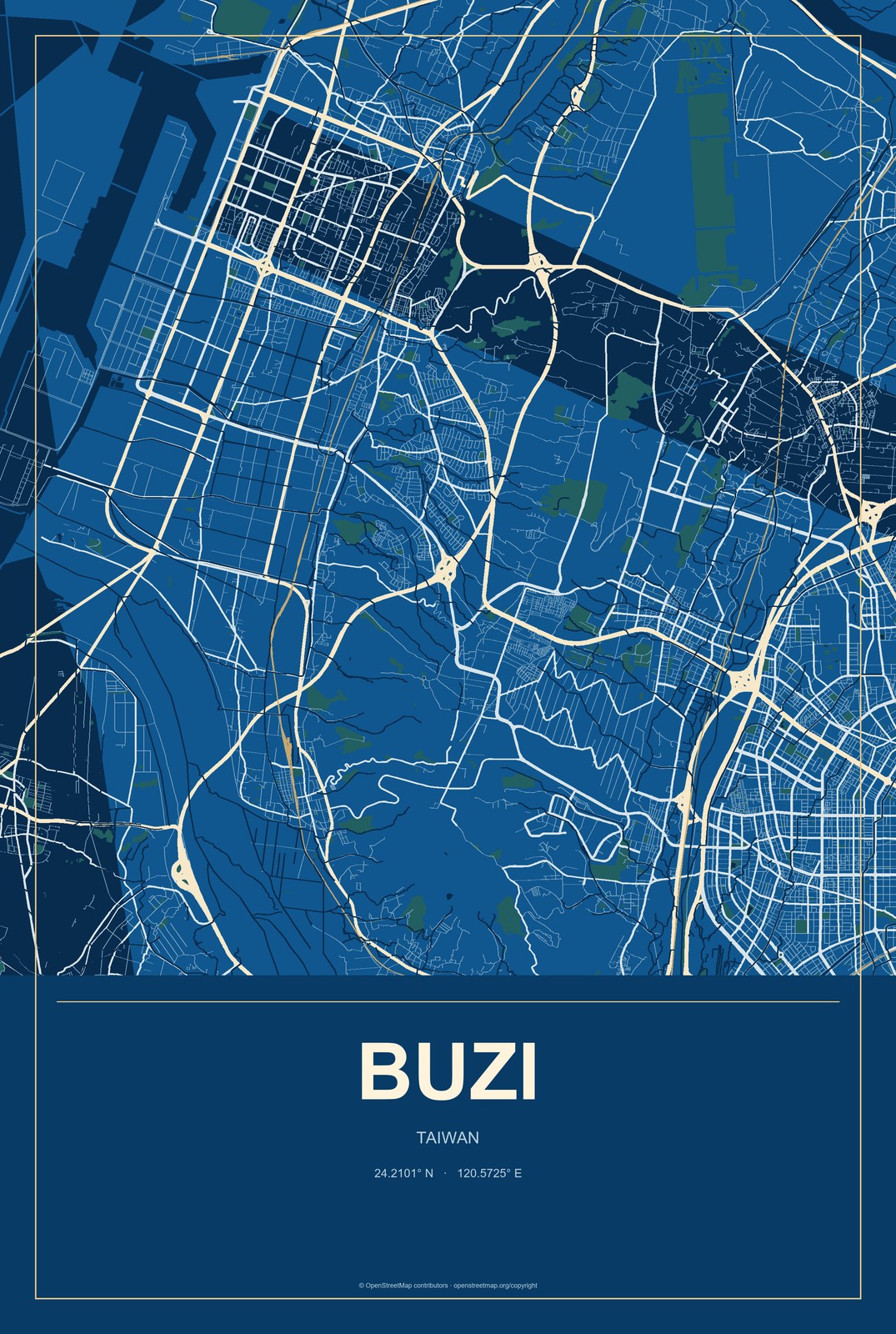 Buzi, Taiwan City Map Aluminum Sign in Harbor Cobalt style