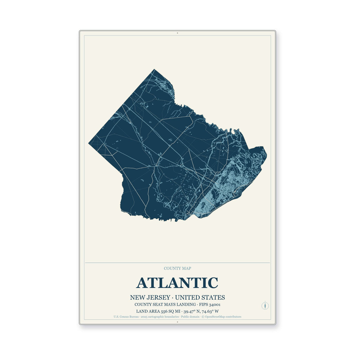 Atlantic County, New Jersey Map Aluminum Sign in Coastal Cutout style