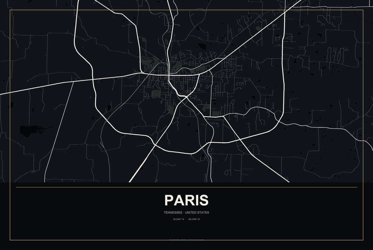 Paris, Tennessee City Map Aluminum Sign in Metropolitan Noir style