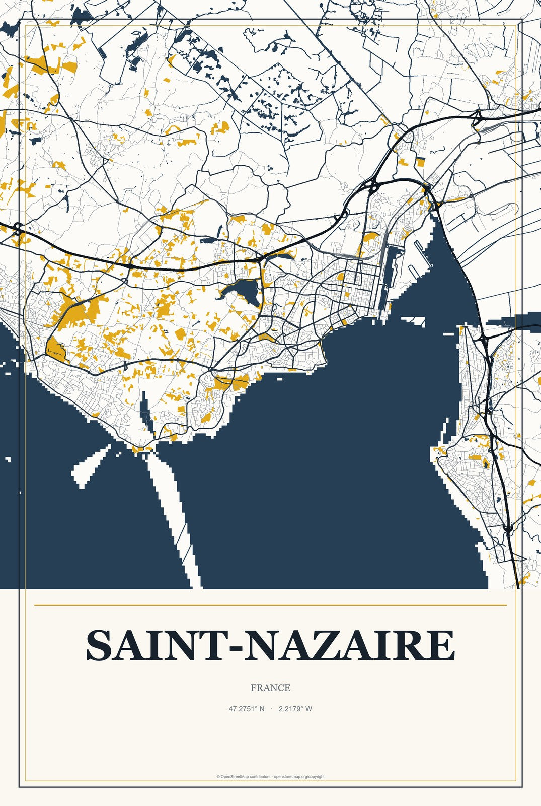 Saint-Nazaire, France City Map Aluminum Sign in Citrine Modern style