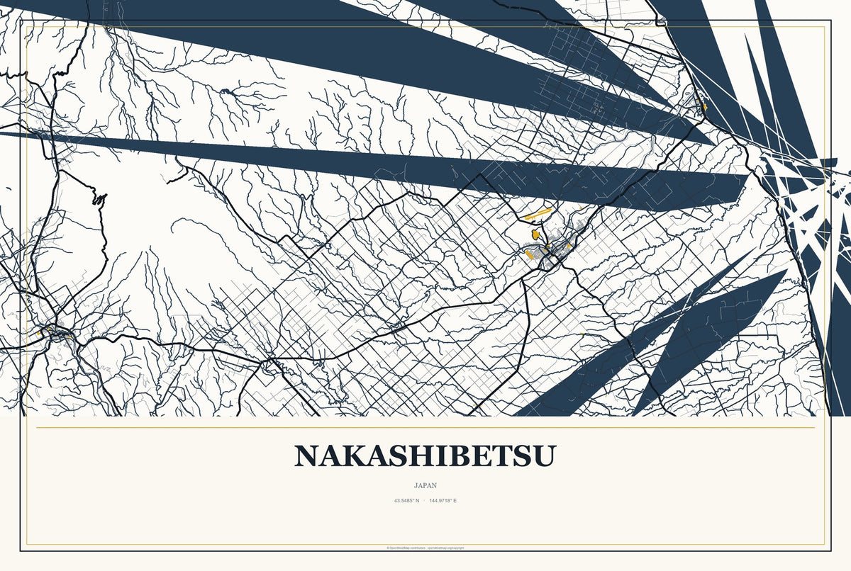 Nakashibetsu, Japan City Map Aluminum Sign in Citrine Modern style