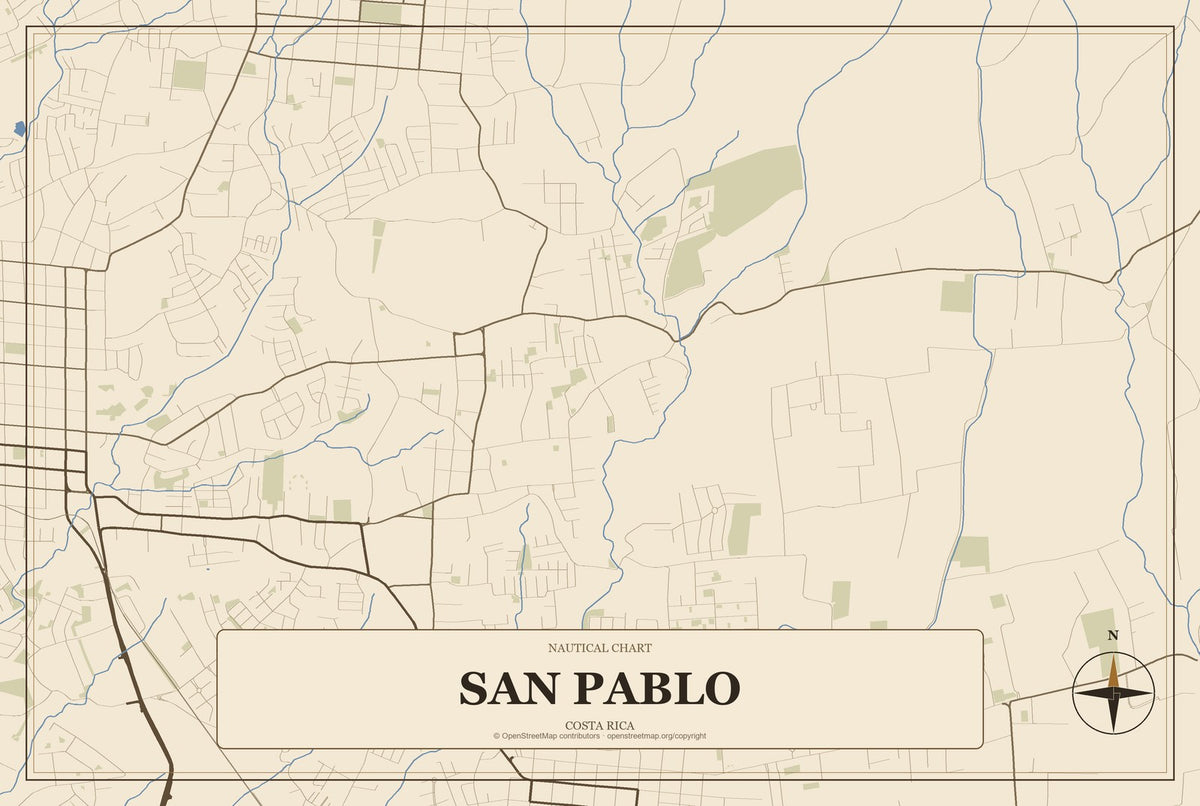 San Pablo, Costa Rica City Map Aluminum Sign in Heritage Nautical style