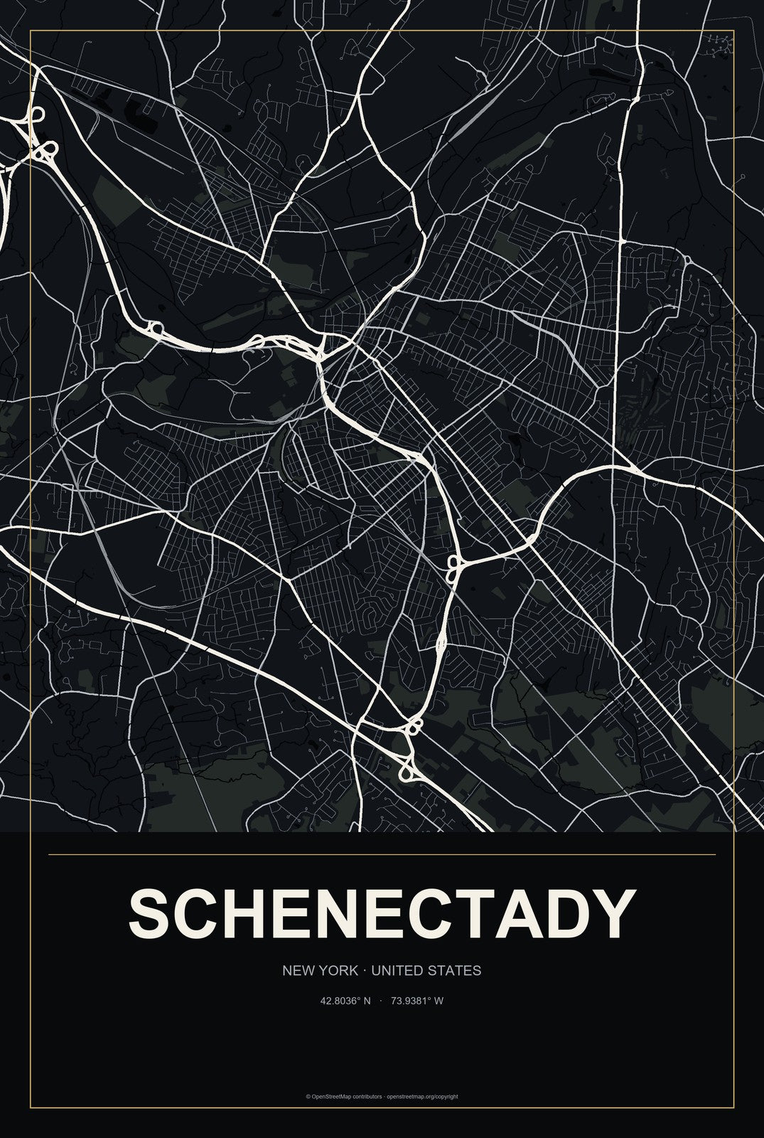 Schenectady, New York City Map Aluminum Sign in Metropolitan Noir style