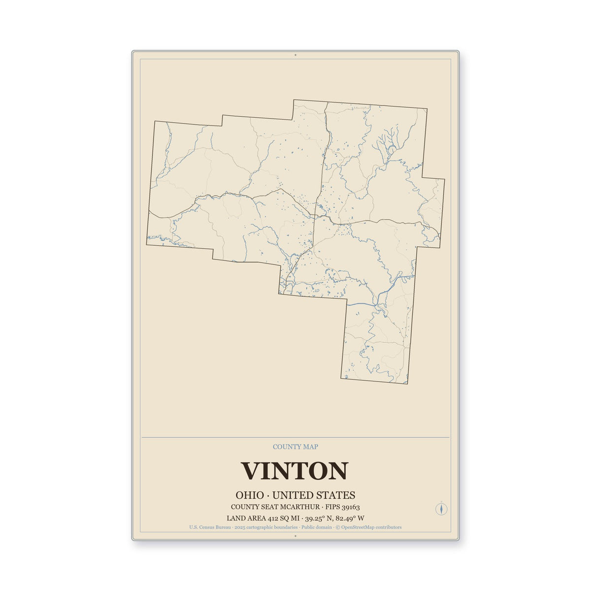 Vinton County, Ohio Map Aluminum Sign in Heritage Nautical style
