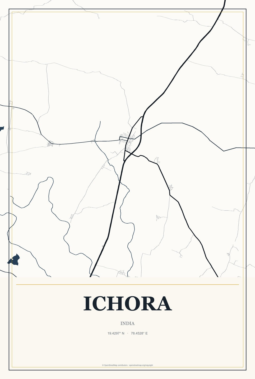 Ichora, India City Map Aluminum Sign in Citrine Modern style