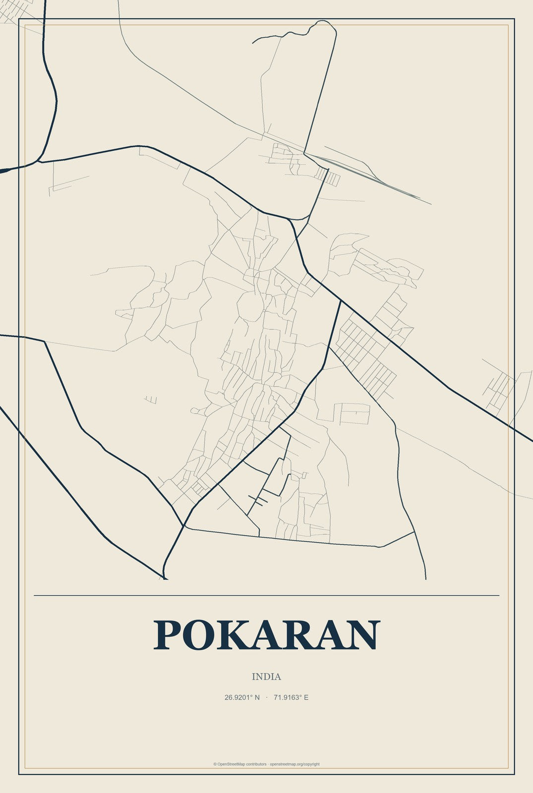 Pokaran, India City Map Aluminum Sign in Coastal Cutout style