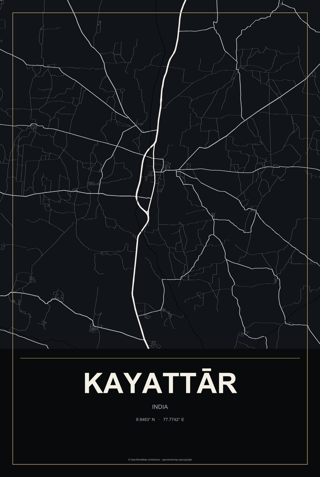 Kayattār, India City Map Aluminum Sign in Metropolitan Noir style
