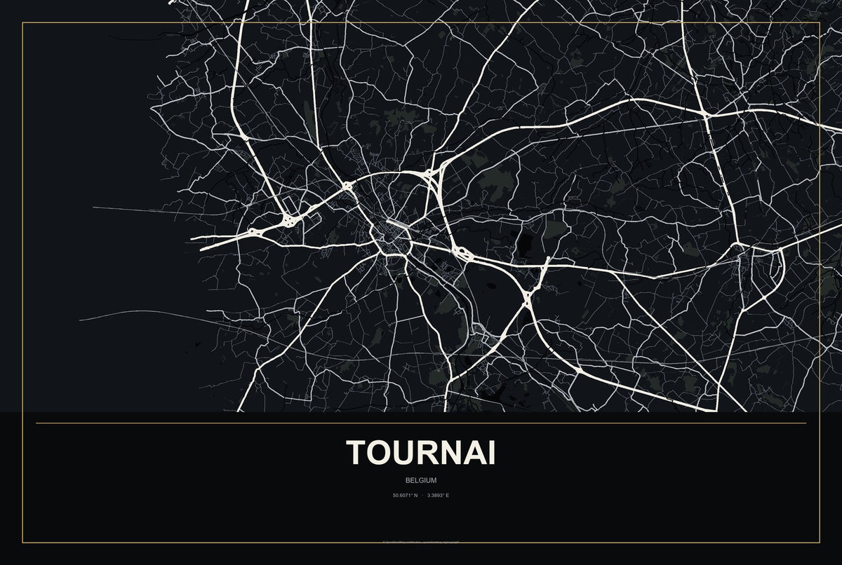 Tournai, Belgium City Map Aluminum Sign in Metropolitan Noir style