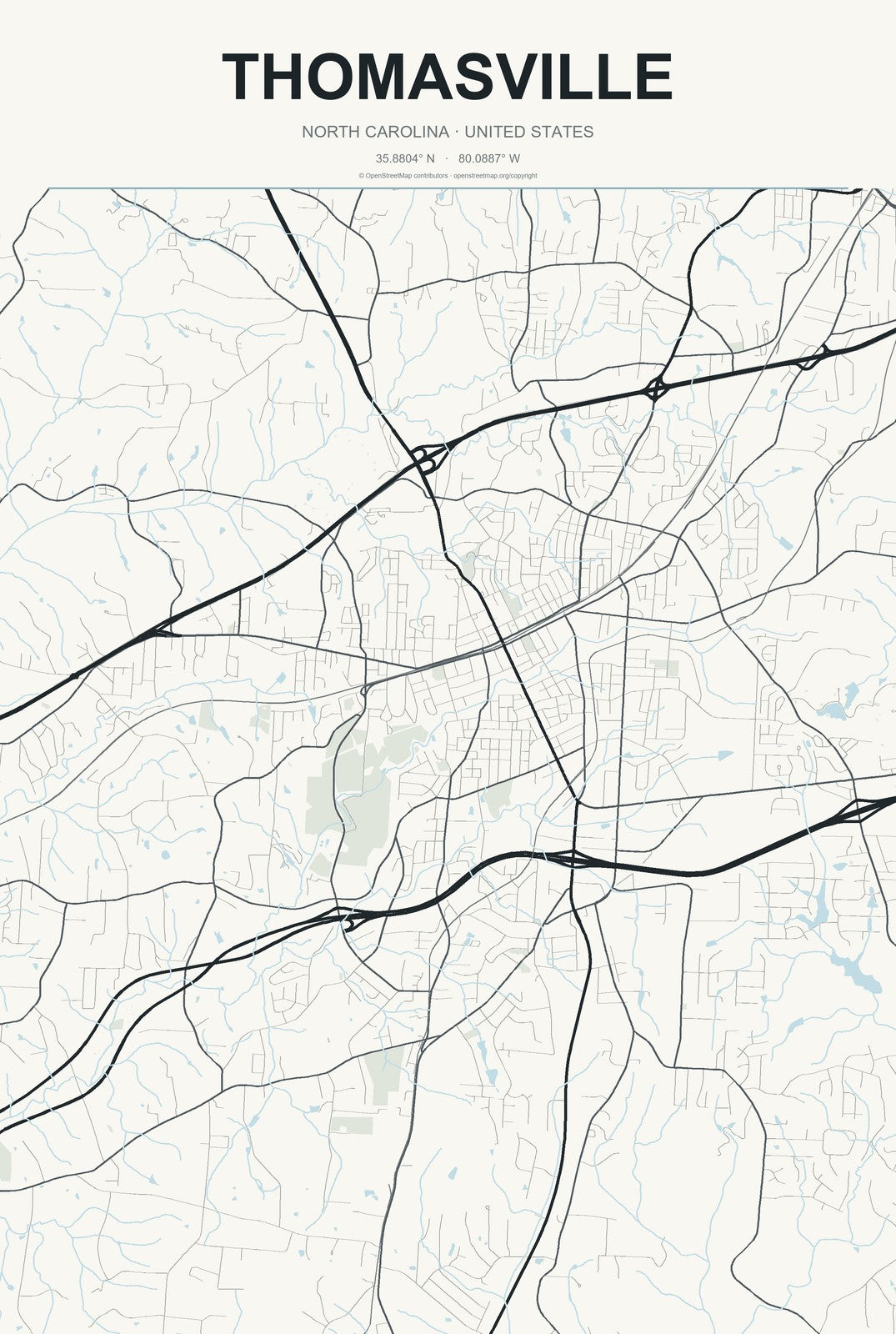Thomasville, North Carolina City Map Aluminum Sign in Headline Atlas style