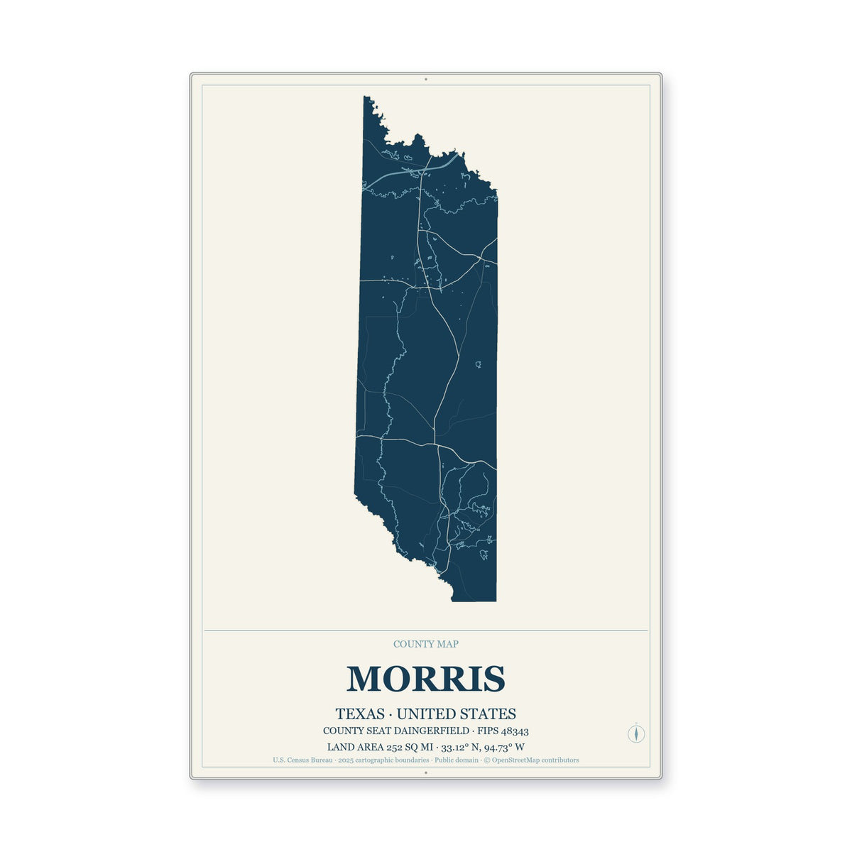 Morris County, Texas Map Aluminum Sign in Coastal Cutout style