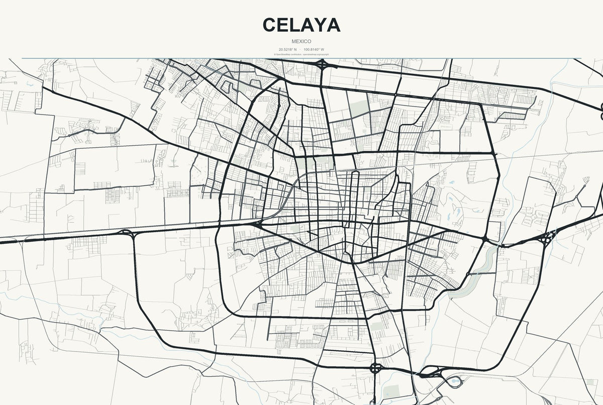 Celaya, Mexico City Map Aluminum Sign in Headline Atlas style