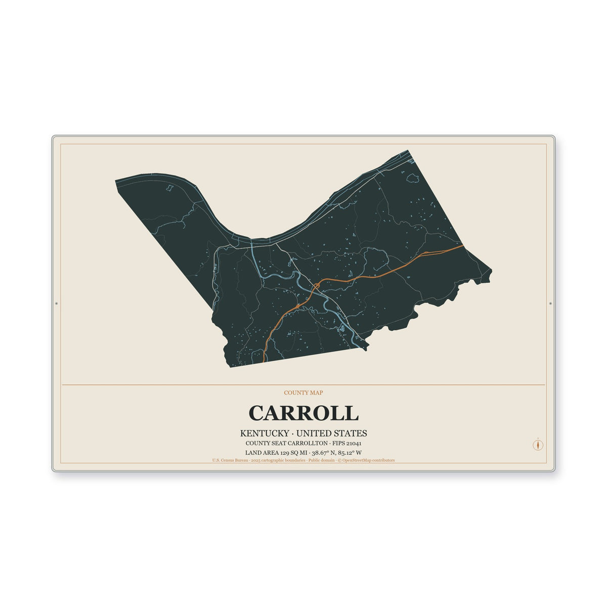 Carroll County, Kentucky Map Aluminum Sign in Headline Atlas style