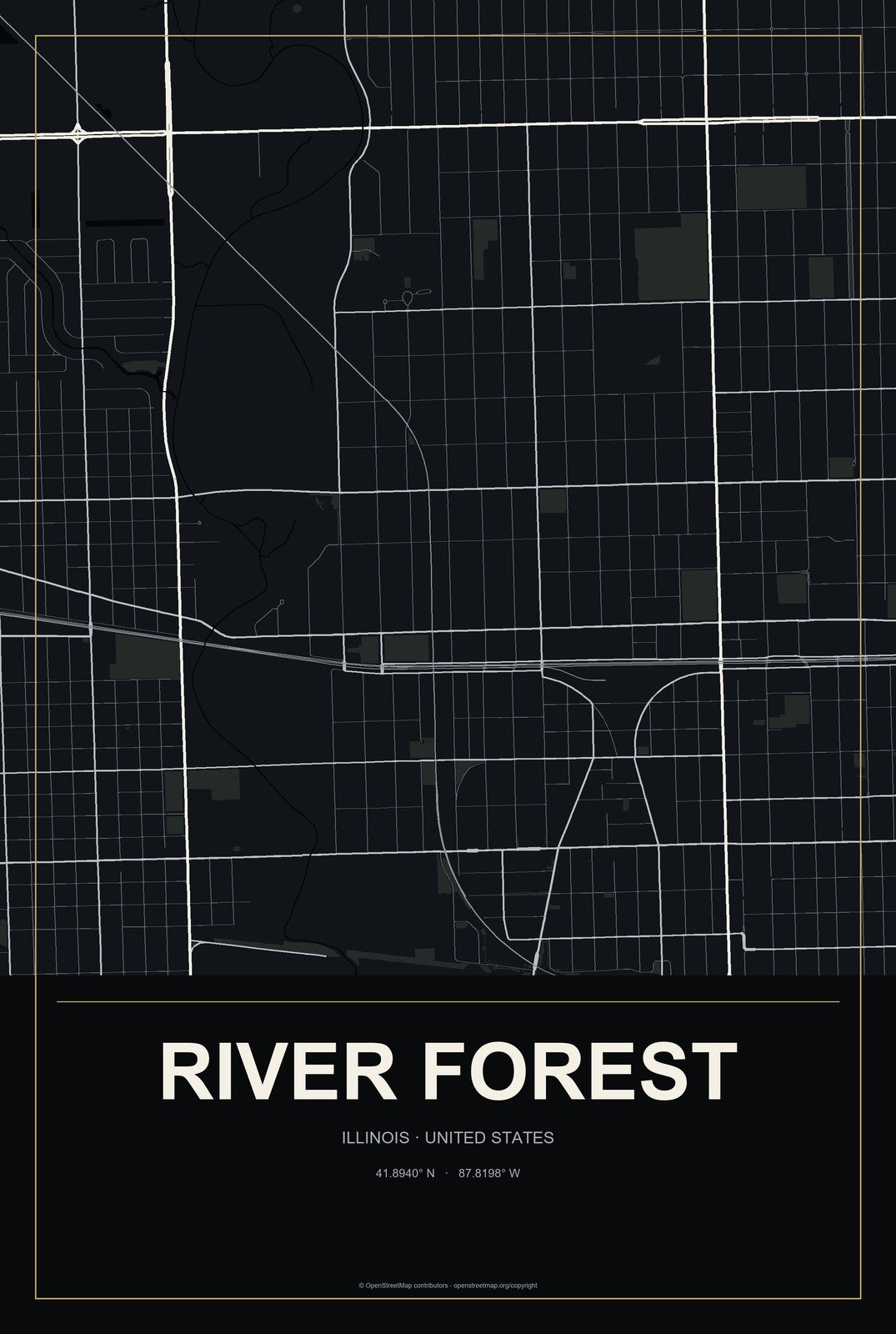 River Forest, Illinois City Map Aluminum Sign in Metropolitan Noir style