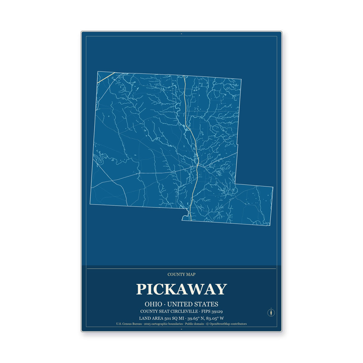 Pickaway County, Ohio Map Aluminum Sign in Harbor Cobalt style