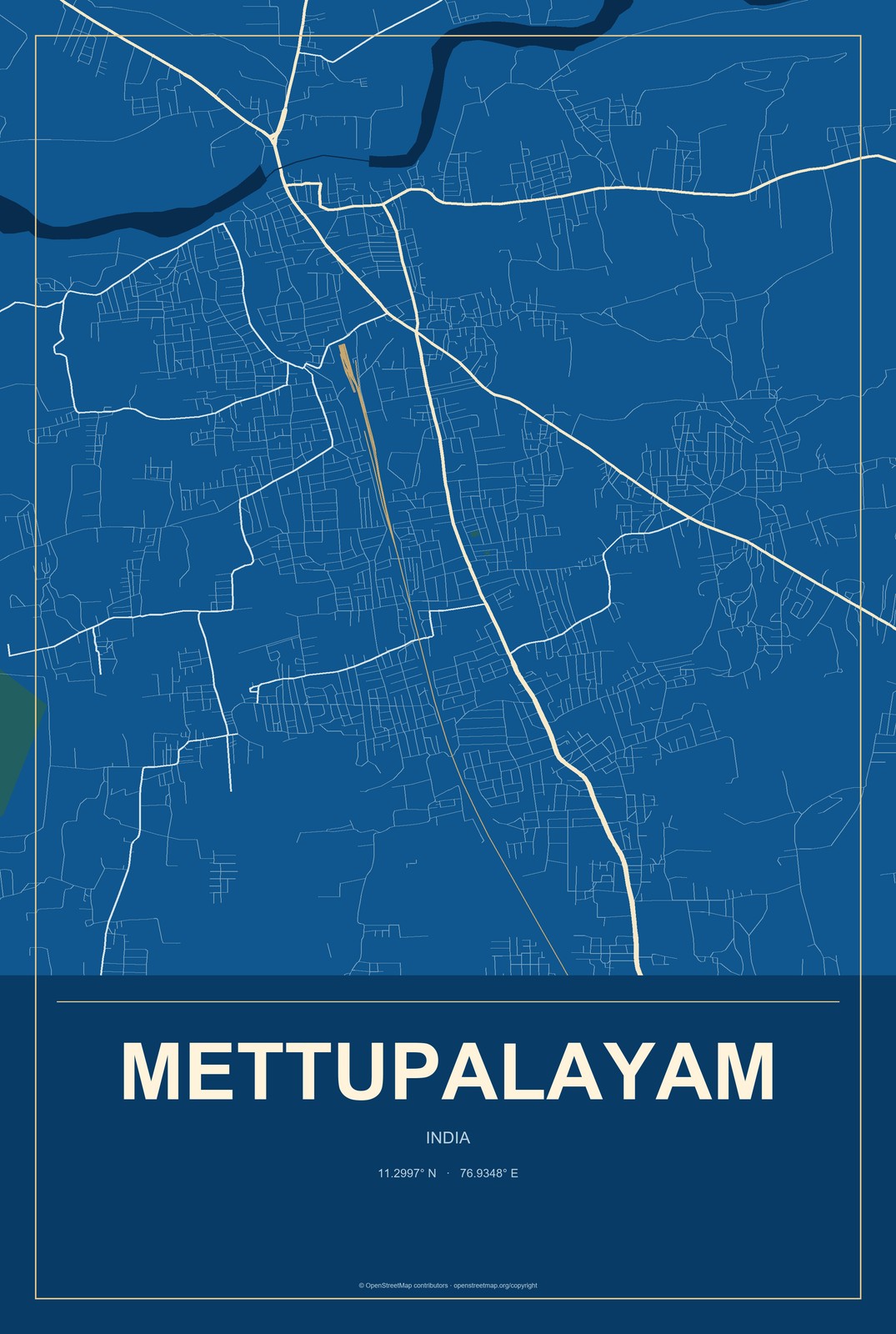 Mettupalayam, India City Map Aluminum Sign in Harbor Cobalt style