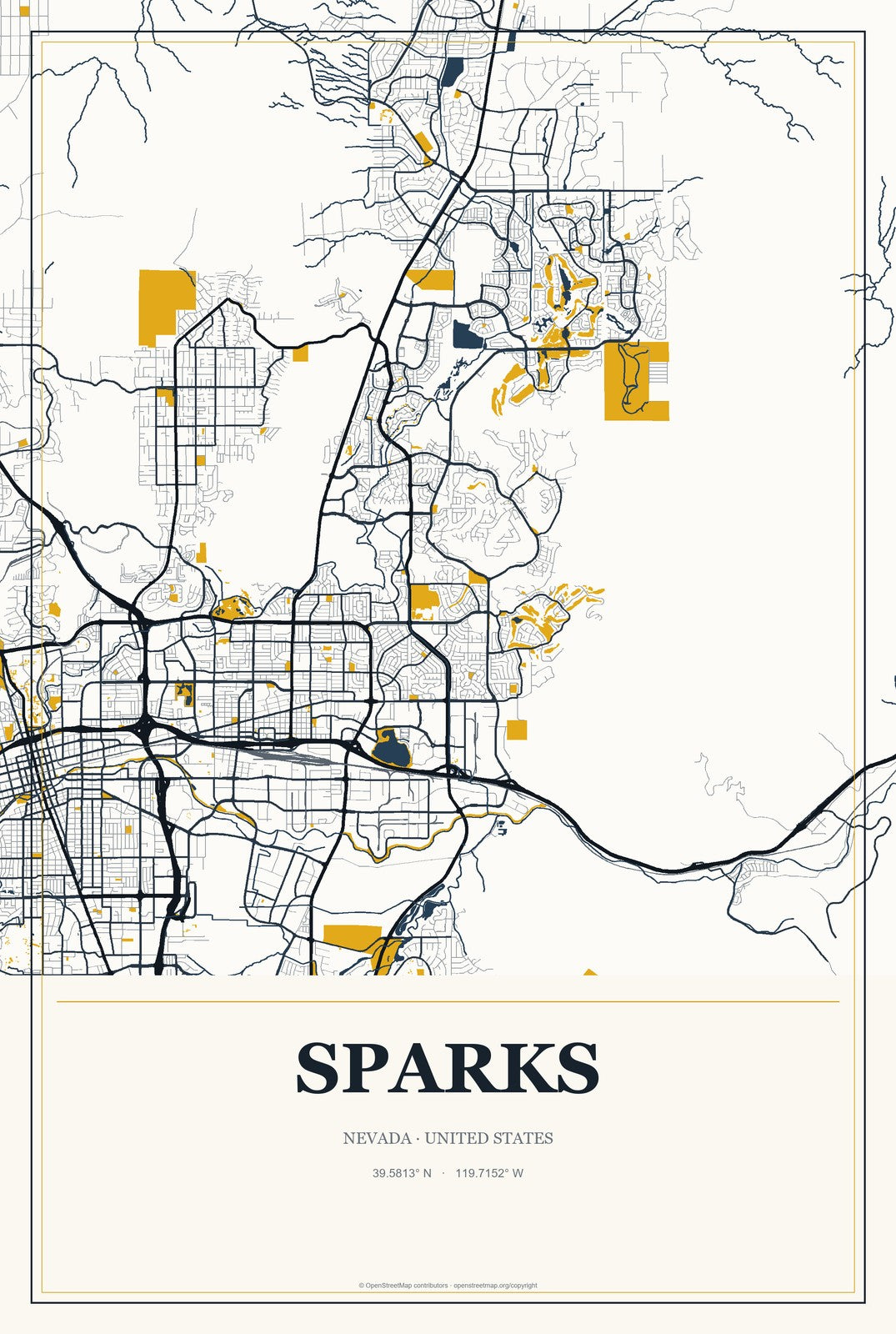 Sparks, Nevada City Map Aluminum Sign in Citrine Modern style