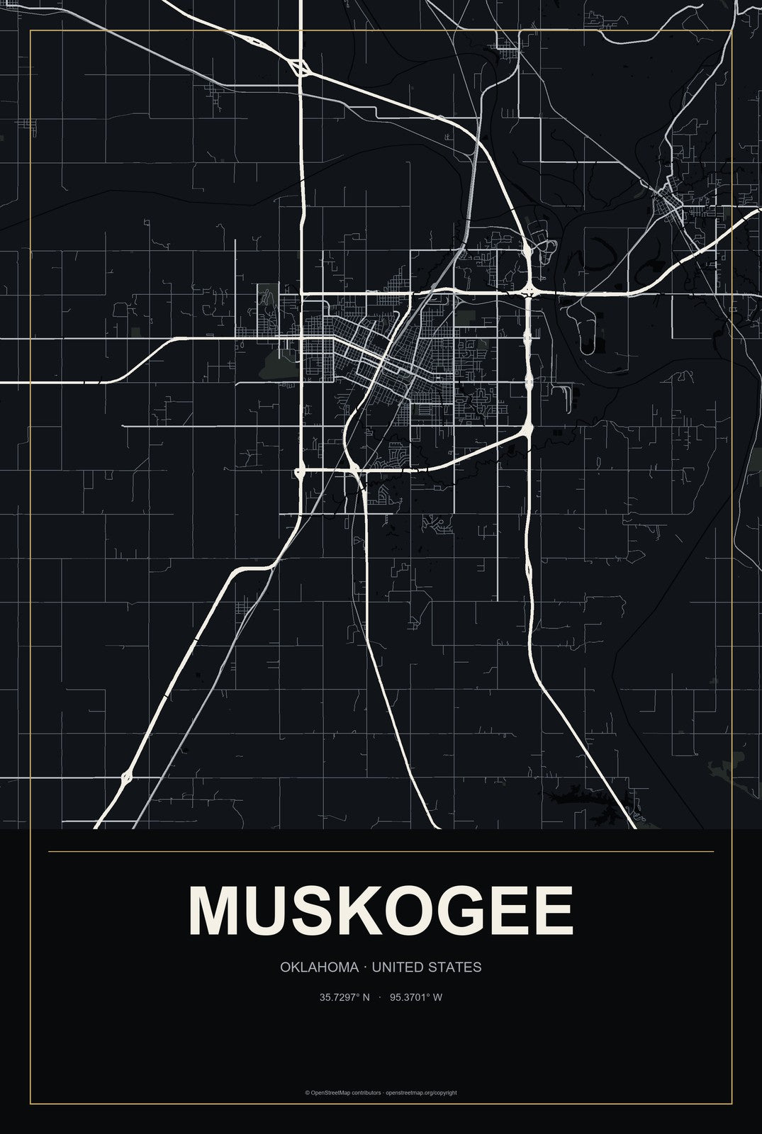 Muskogee, Oklahoma City Map Aluminum Sign in Metropolitan Noir style
