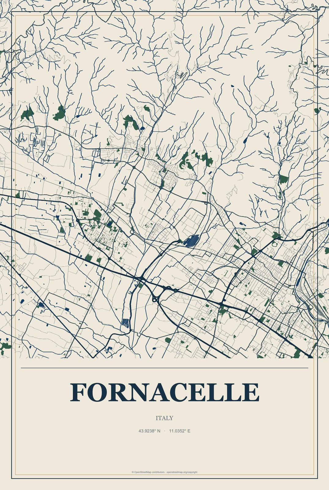 Fornacelle, Italy City Map Aluminum Sign in Coastal Cutout style