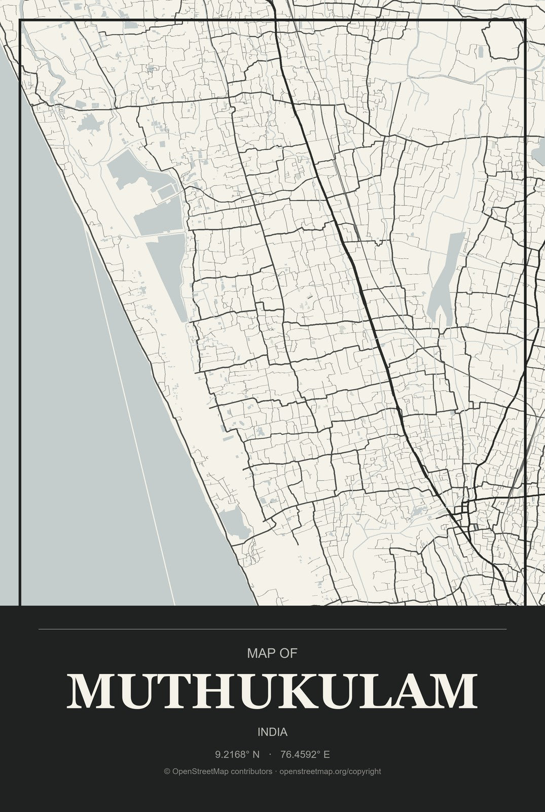 Muthukulam, India City Map Aluminum Sign in Museum Plaque style