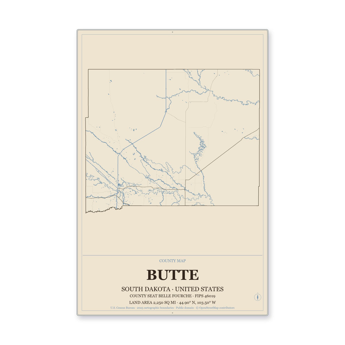 Butte County, South Dakota Map Aluminum Sign in Heritage Nautical style