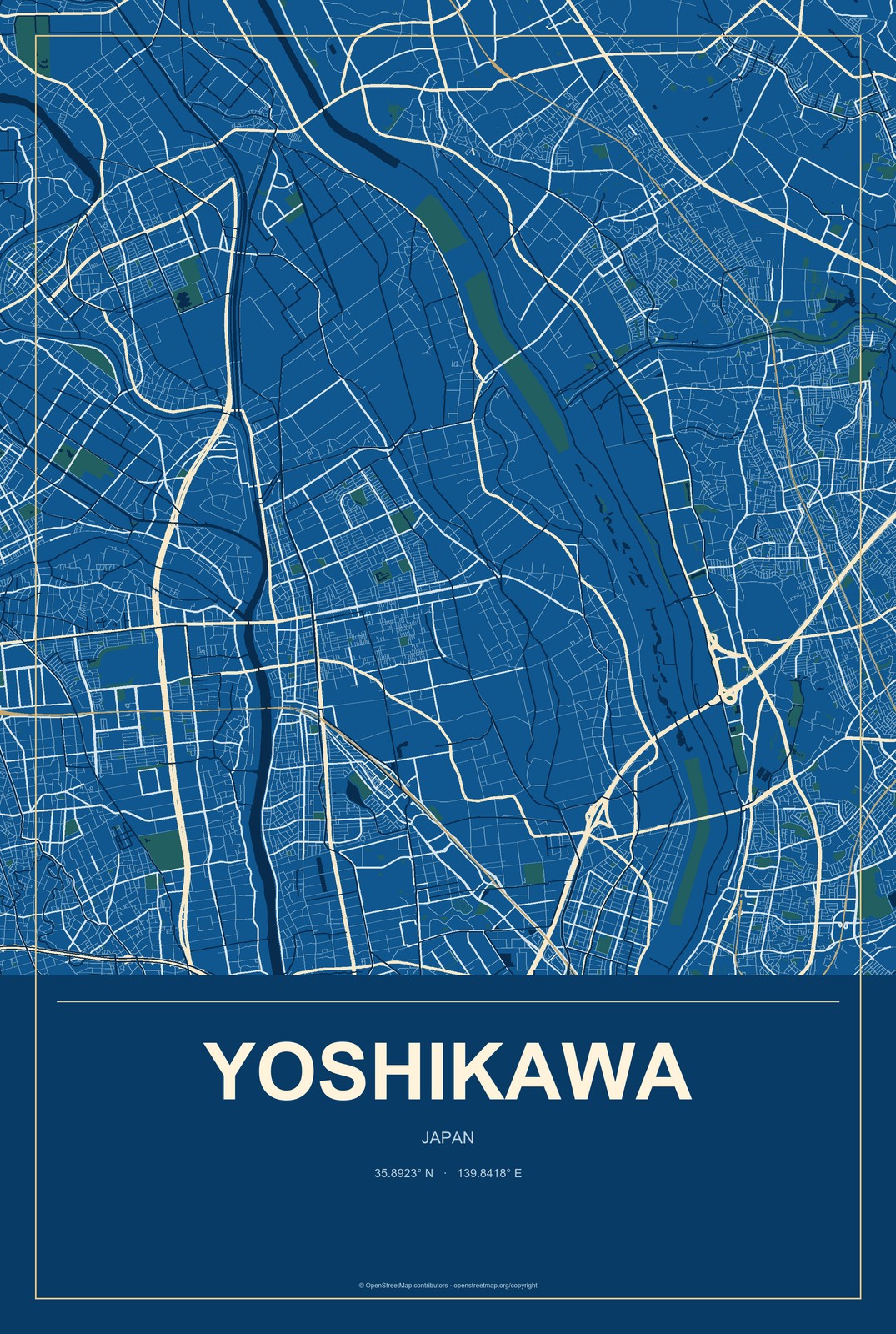 Yoshikawa, Japan City Map Aluminum Sign in Harbor Cobalt style