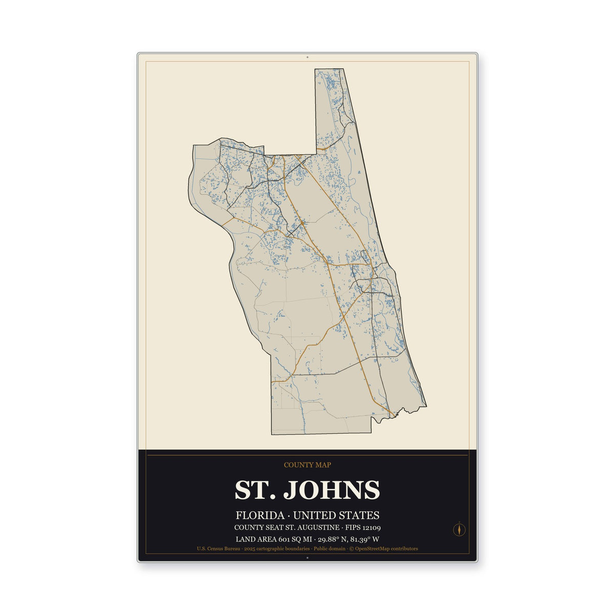 St. Johns County, Florida Map Aluminum Sign in Museum Plaque style