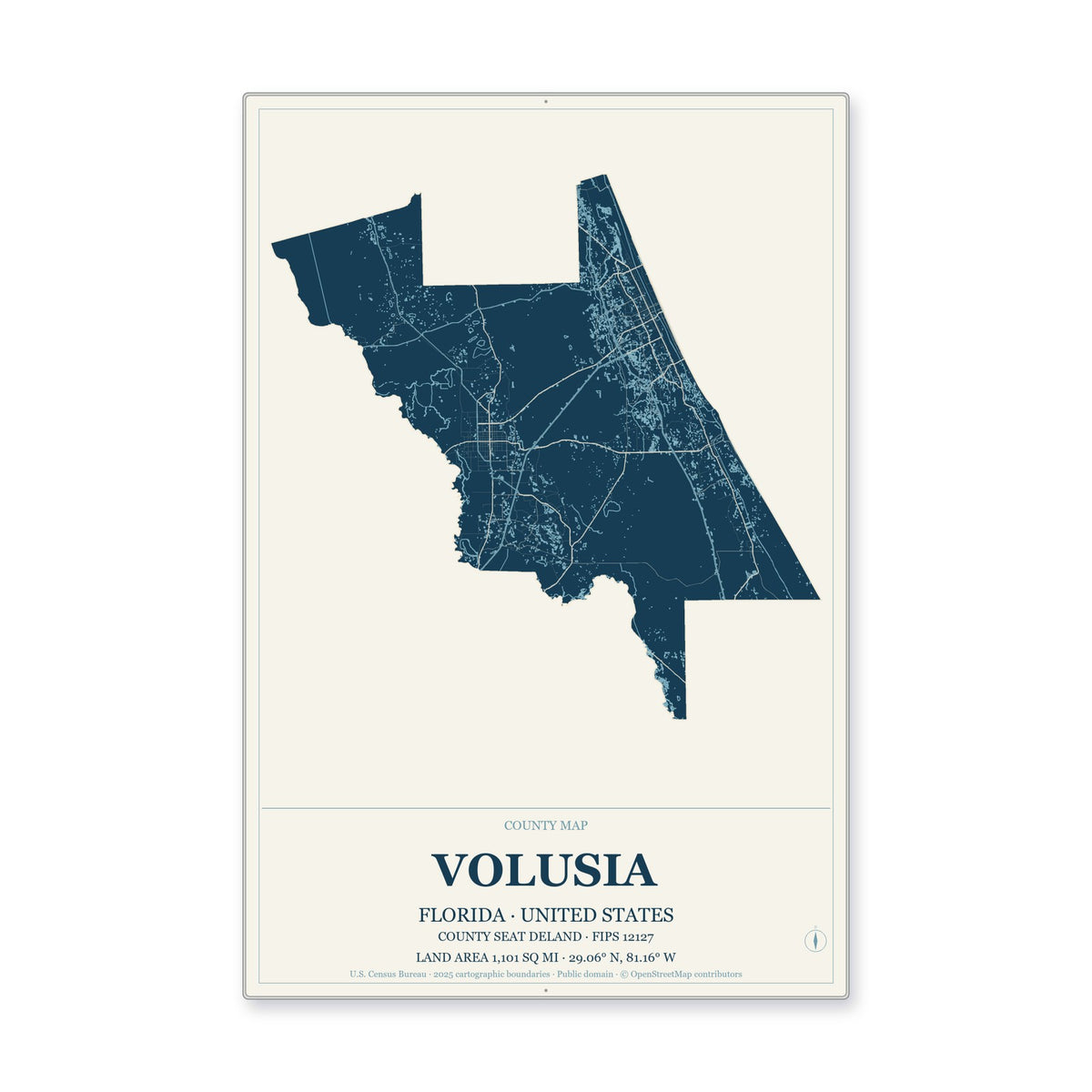 Volusia County, Florida Map Aluminum Sign in Coastal Cutout style