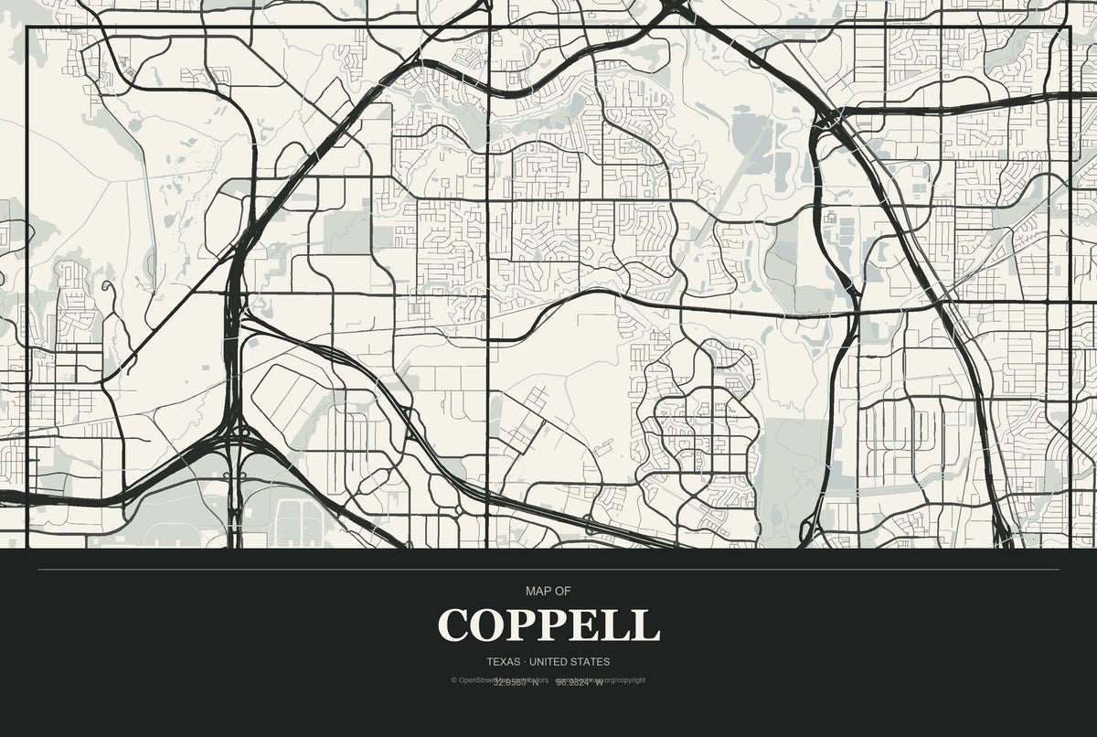 Coppell, Texas City Map Aluminum Sign in Museum Plaque style