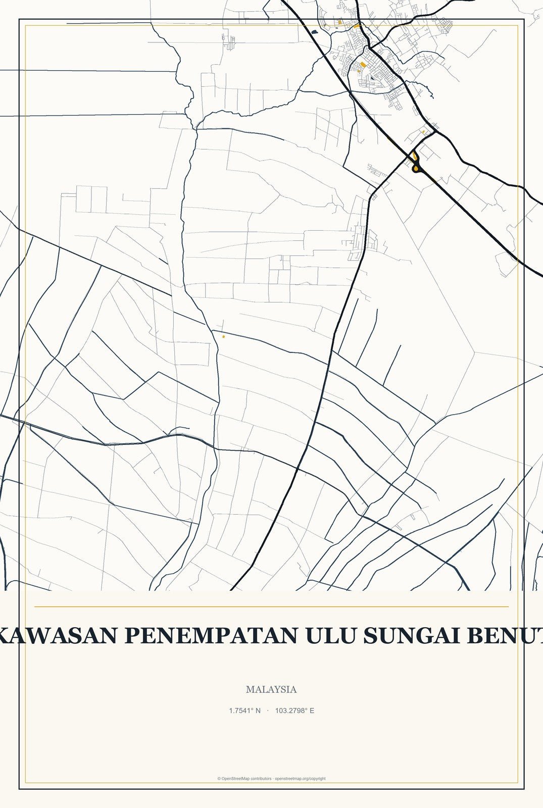 Kawasan Penempatan Ulu Sungai Benut, Malaysia City Map Aluminum Sign in Citrine Modern style