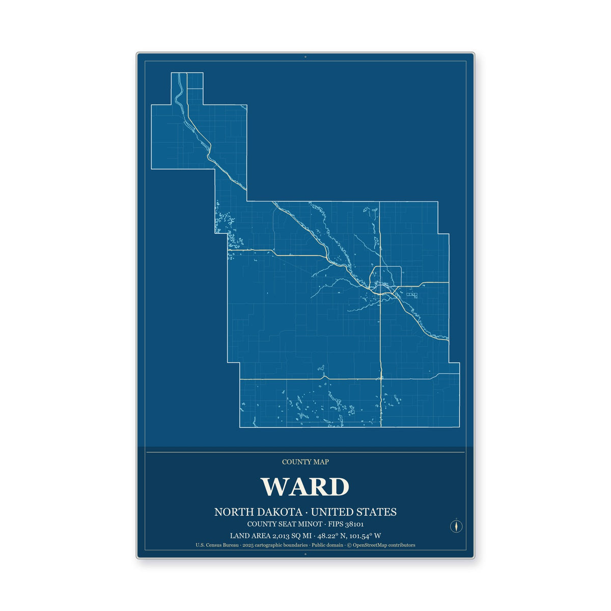 Ward County, North Dakota Map Aluminum Sign in Harbor Cobalt style