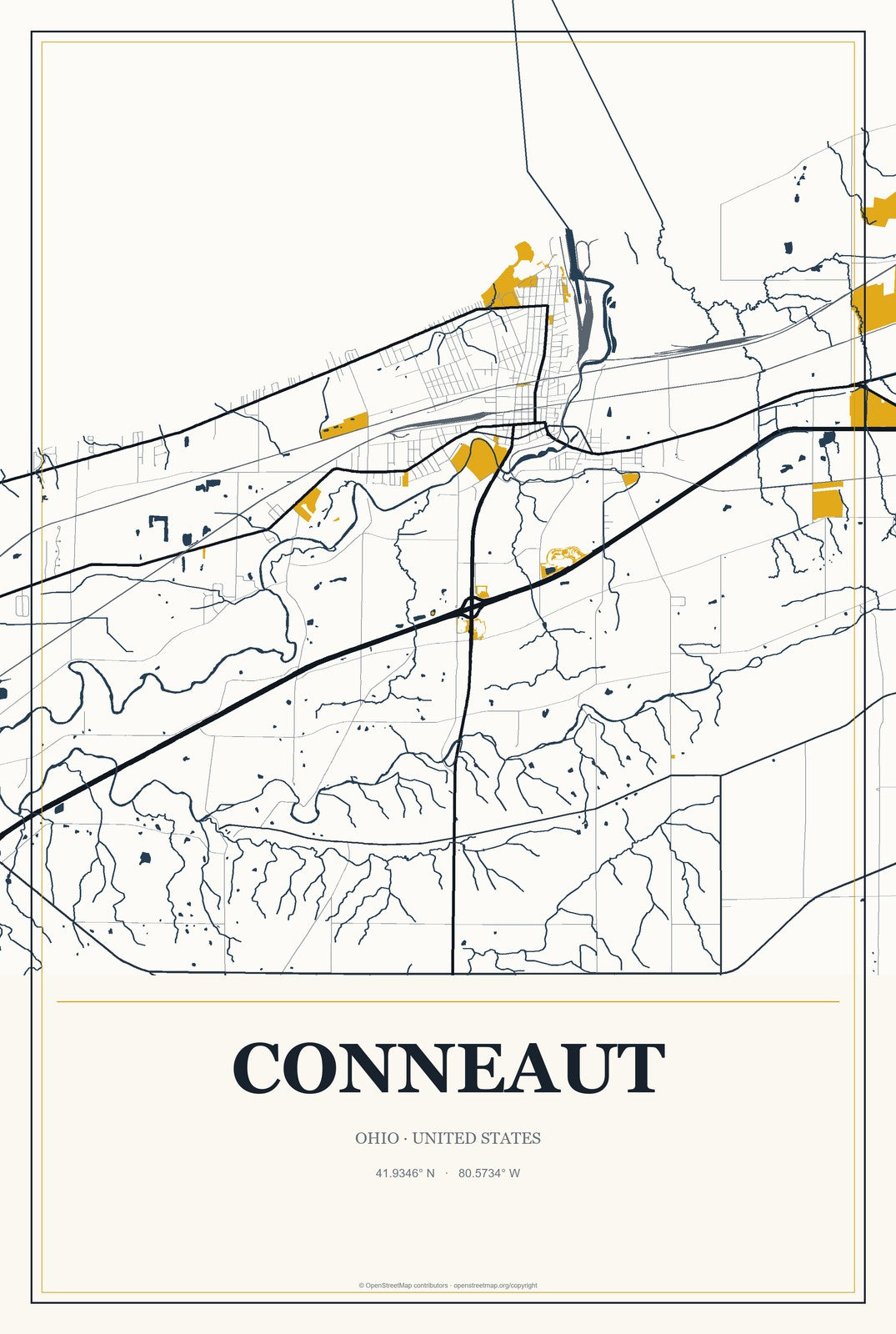 Conneaut, Ohio City Map Aluminum Sign in Citrine Modern style