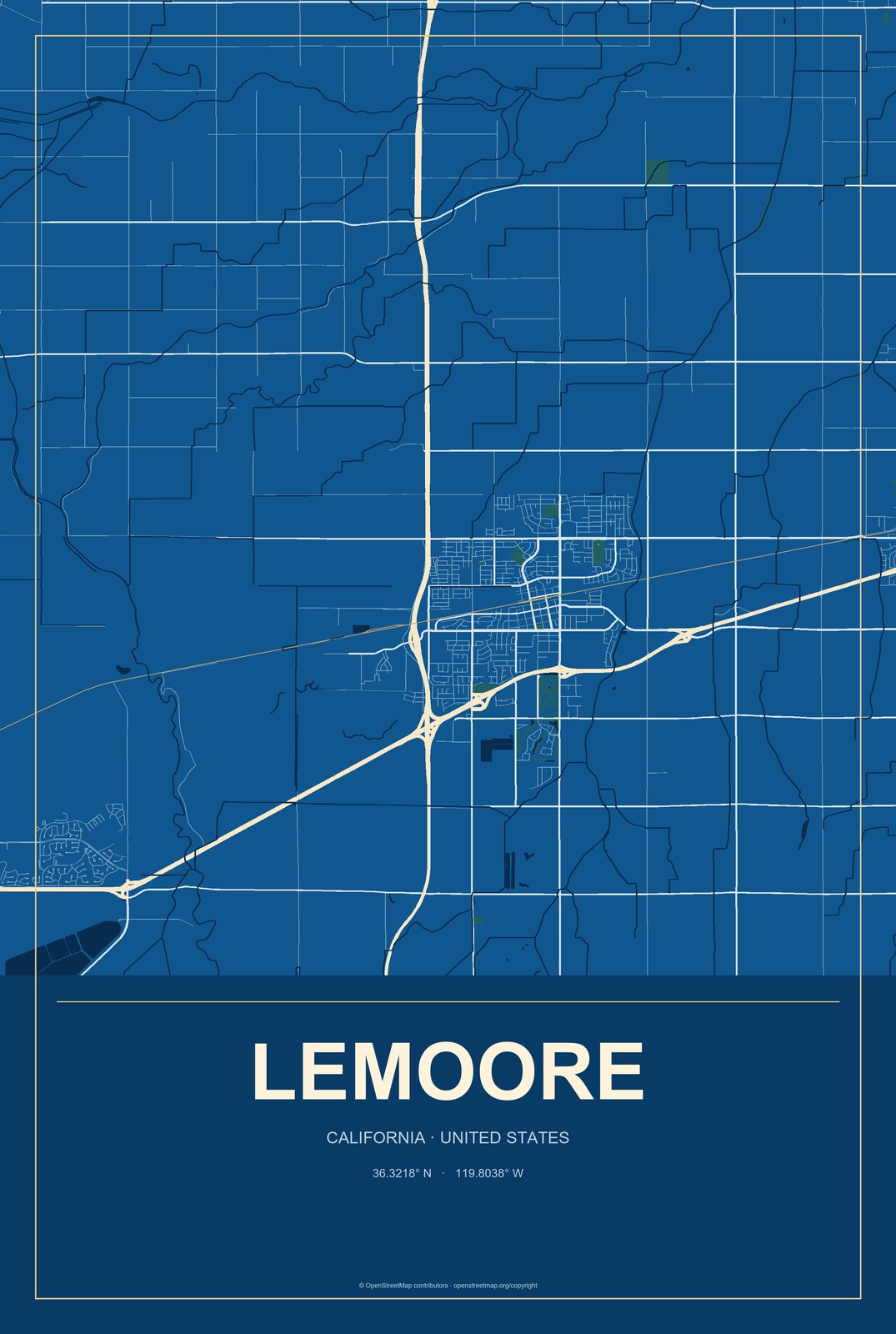 Lemoore, California City Map Aluminum Sign in Harbor Cobalt style