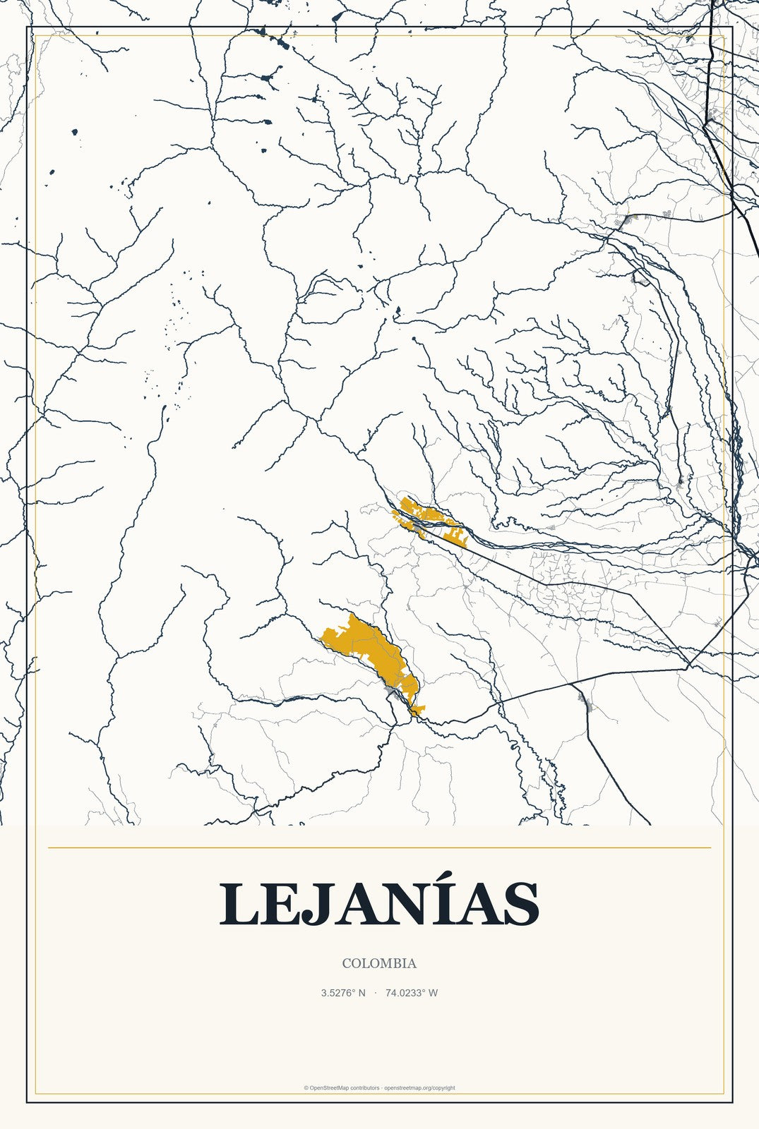 Lejanías, Colombia City Map Aluminum Sign in Citrine Modern style