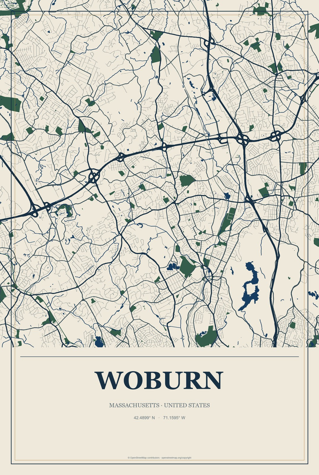 Woburn, Massachusetts City Map Aluminum Sign in Coastal Cutout style
