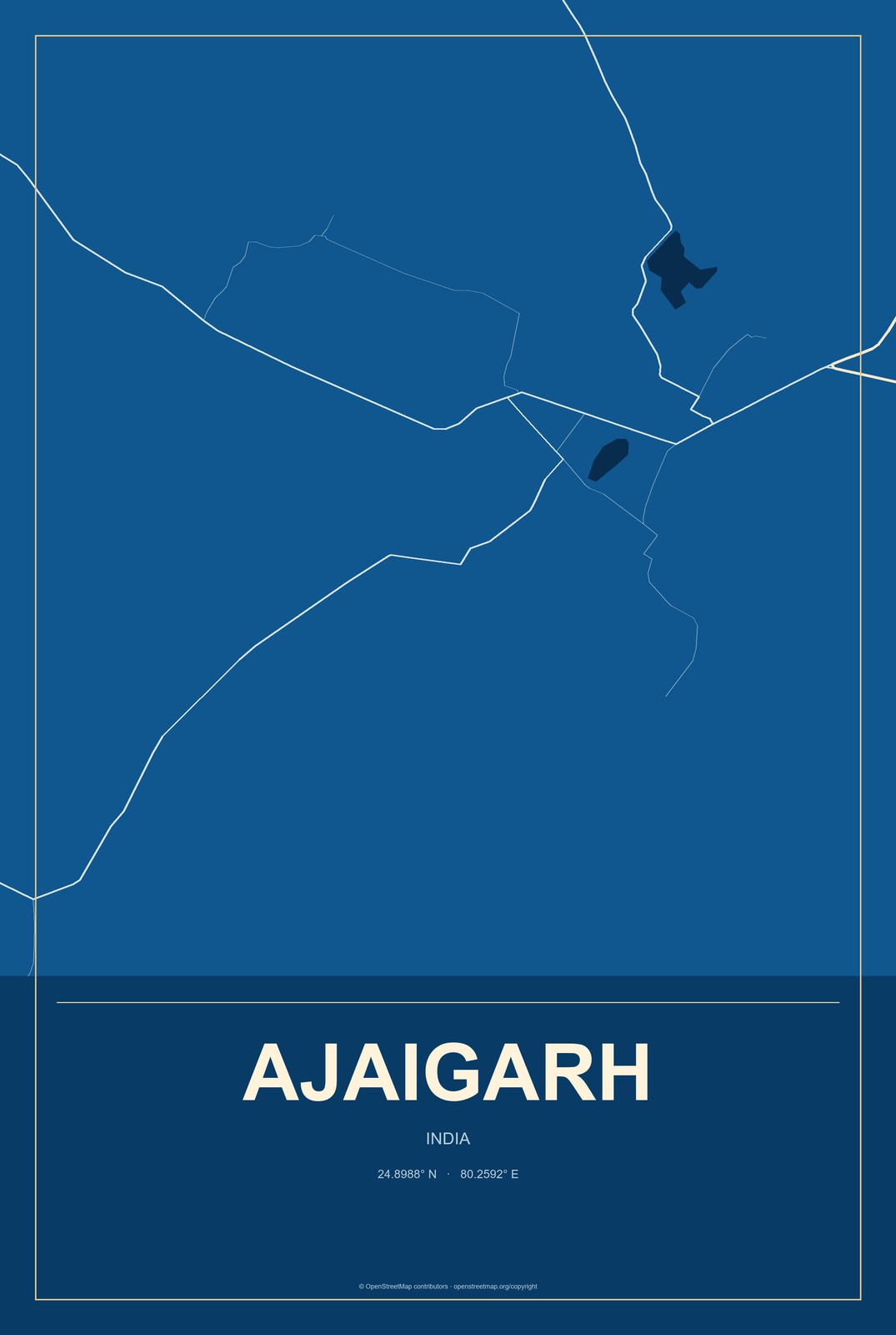 Ajaigarh, India City Map Aluminum Sign in Harbor Cobalt style