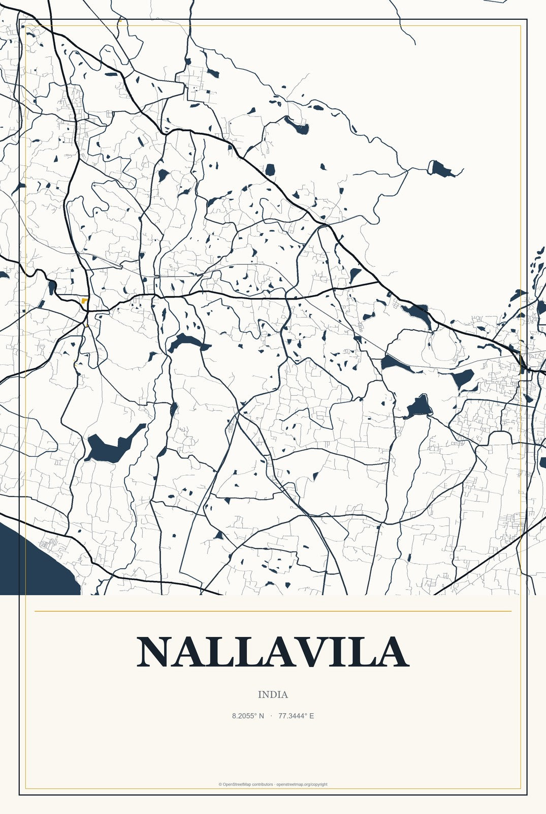 Nallavila, India City Map Aluminum Sign in Citrine Modern style