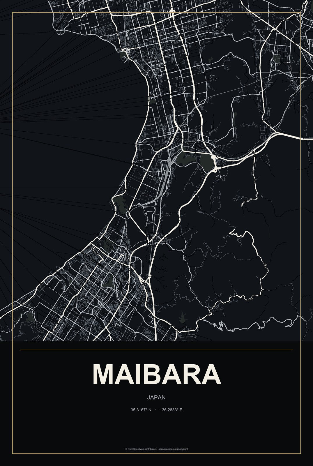 Maibara, Japan City Map Aluminum Sign in Metropolitan Noir style