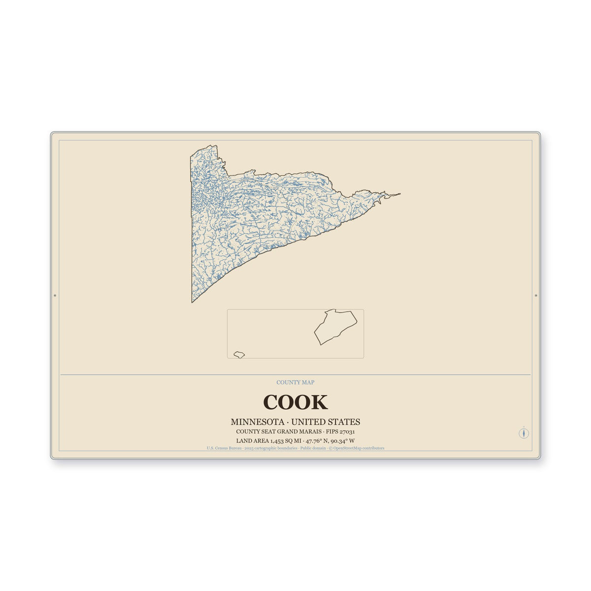 Cook County, Minnesota Map Aluminum Sign in Heritage Nautical style
