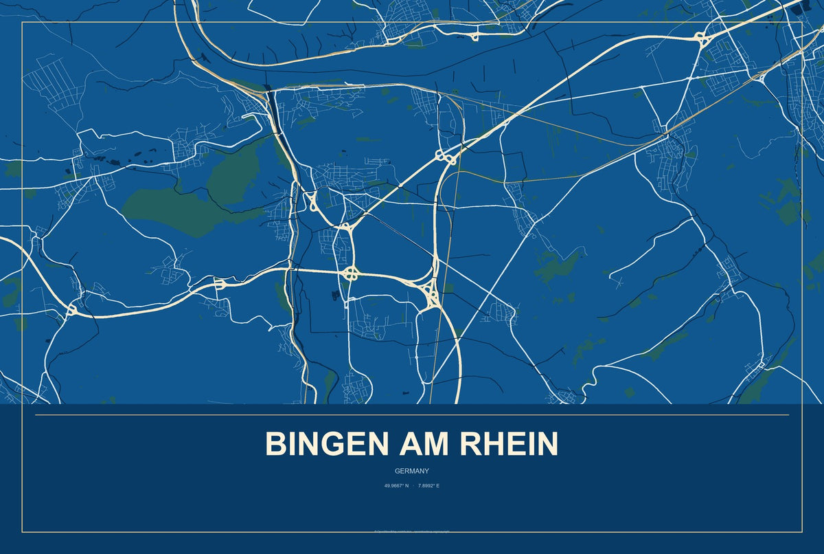 Bingen am Rhein, Germany City Map Aluminum Sign in Harbor Cobalt style