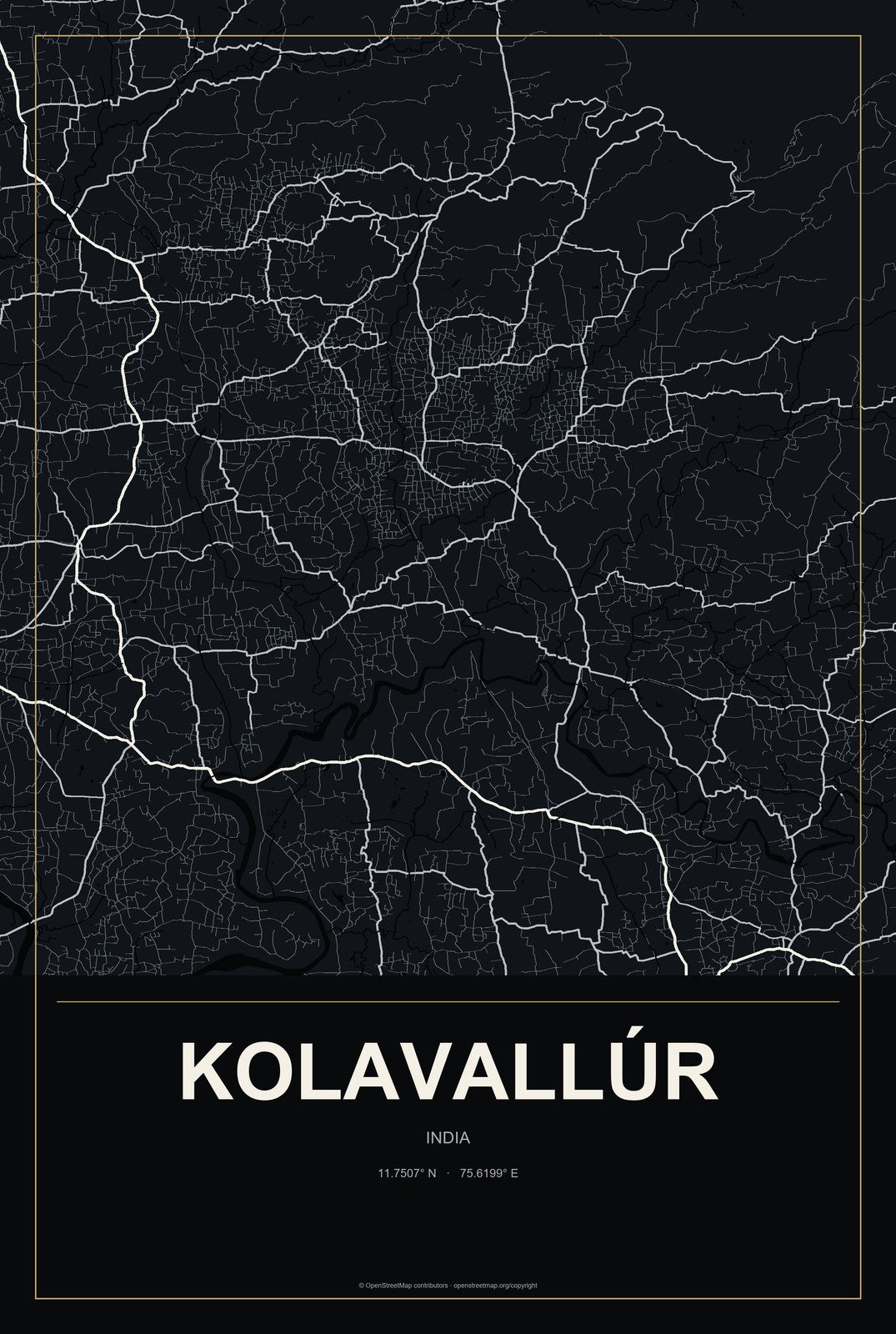 Kolavallúr, India City Map Aluminum Sign in Metropolitan Noir style