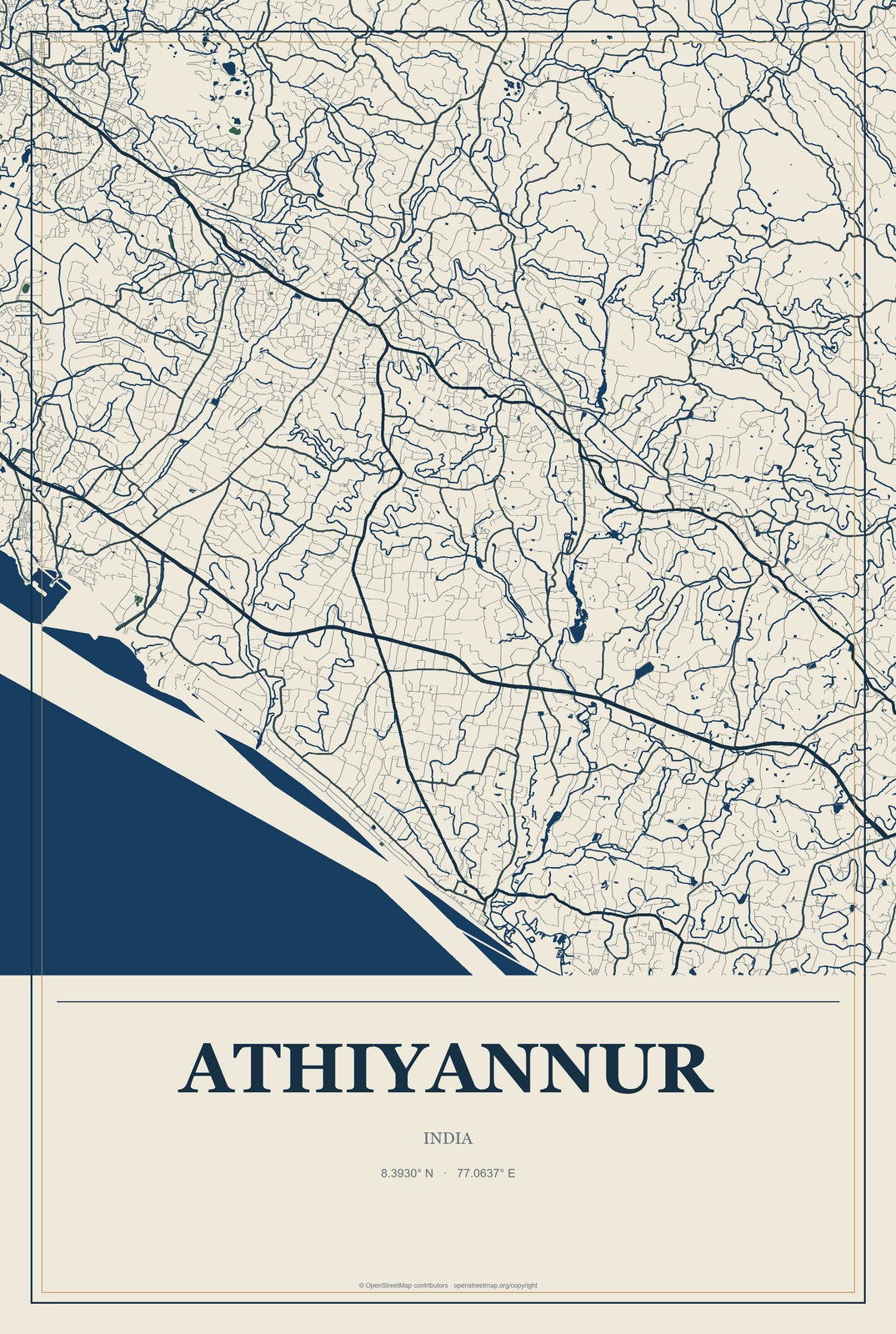 Athiyannur, India City Map Aluminum Sign in Coastal Cutout style
