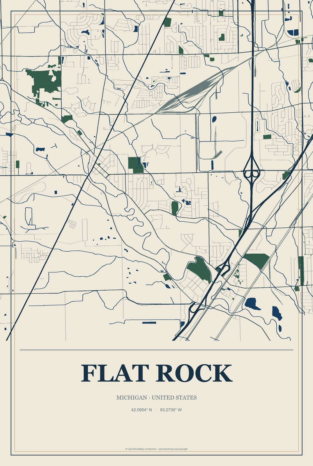 Flat Rock, Michigan City Map Aluminum Sign in Coastal Cutout style